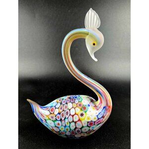 Murano Fratelli Toso Millefiori Art Glass Swan w/Multicolor Floral Pattern & Fro